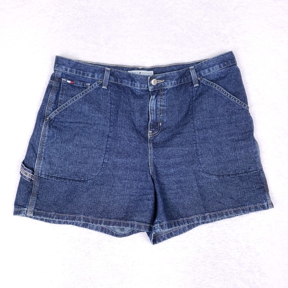 Tommy Hilfiger Carpenter Denim Shorts Women's Size 16 Blue Workwear Y2K Utility - Picture 1 of 11